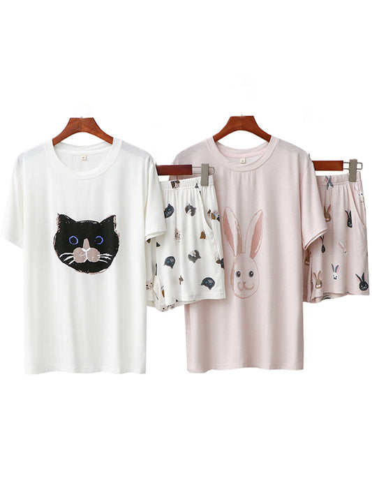 Causal Loose Cartoon Cat&Rabbit Printed Round-Neck Short Sleeves T-Shirt&Elasticity Shorts Pajama Set