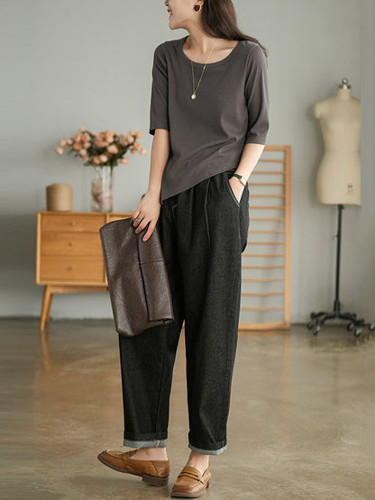 Simple Asymmetric Irregular Clipping Round-Neck Short Sleeves T-Shirt