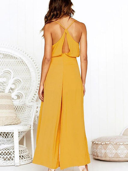 V-neck Backless Loose Solid Bohemia Jumpsuits