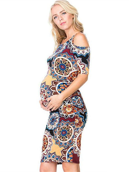 Maternity Printed Cold Shoulder Round-neck Mini Dress