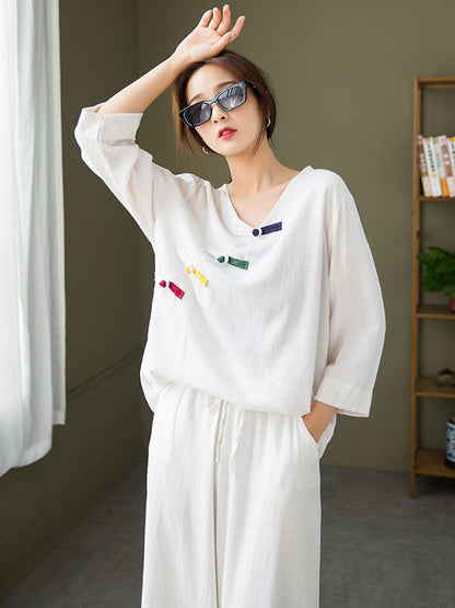 Original Casual Loose Linen Irregular Buttoned V-Neck Long Sleeves T-Shirt Tops&Wide Legs Casual Pants 2 Pieces Set