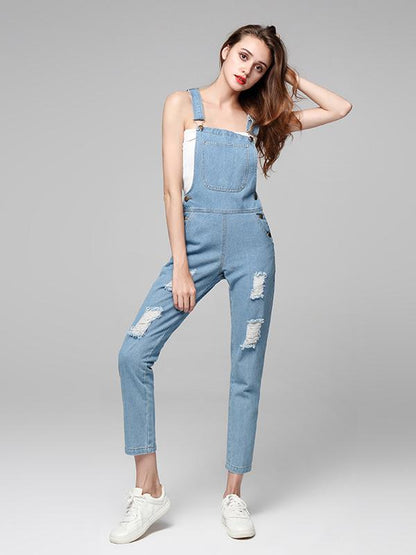 Fashion Light Blue Long Jean Pants Overalls Jumpsuits