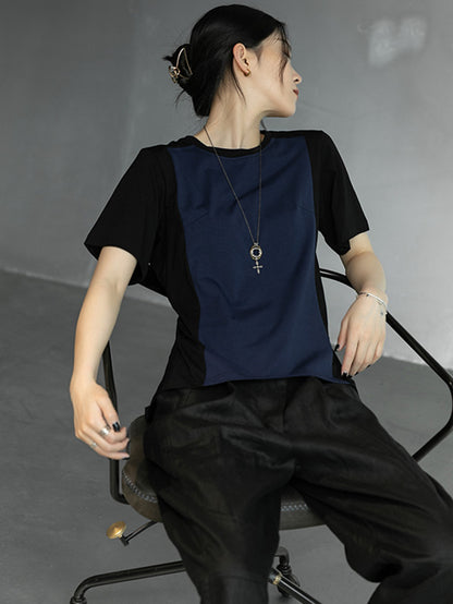 Stylish Split-Joint Black&Blue Back-Pleats Short Sleeves T-Shirt