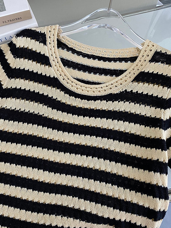 Simple Black White Contrast Color Striped Knitting T-Shirt