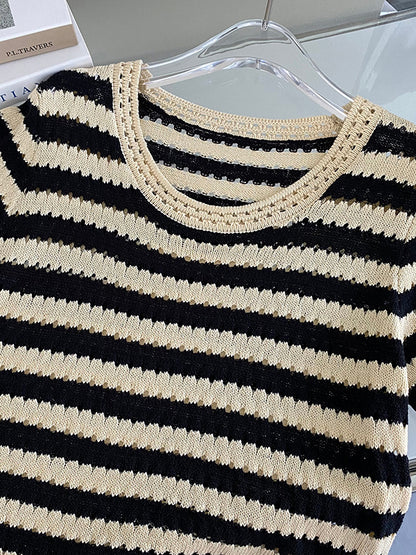 Simple Black White Contrast Color Striped Knitting T-Shirt