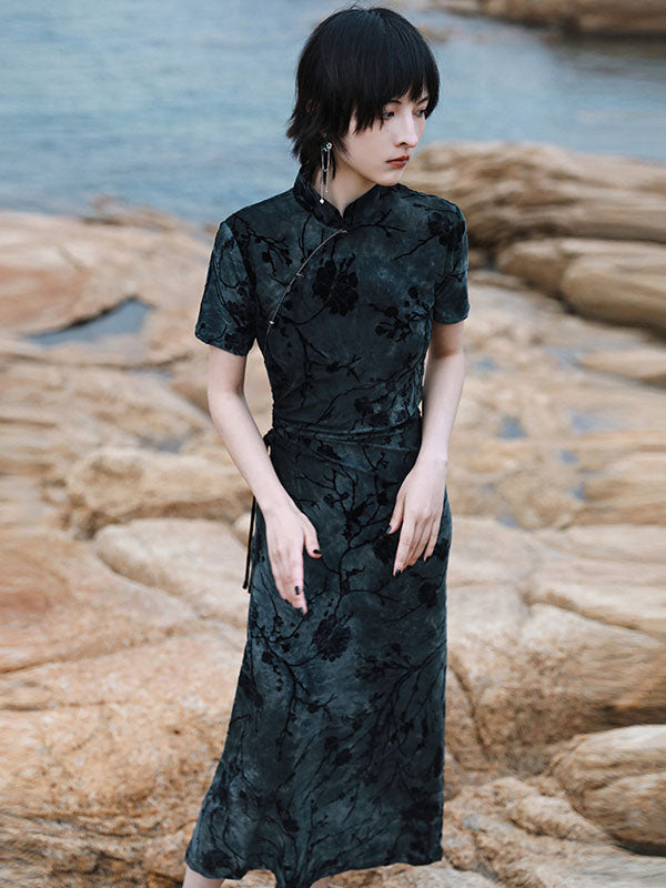 Vintage Tie-Dyed Buttoned Stand Collar Short Sleeves Cheongsam Dress