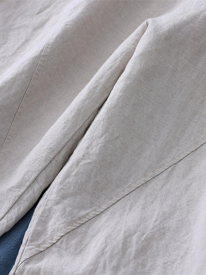 Simple Loose Linen Solid Color Split-Joint Pleated Drawstring Casual Pants