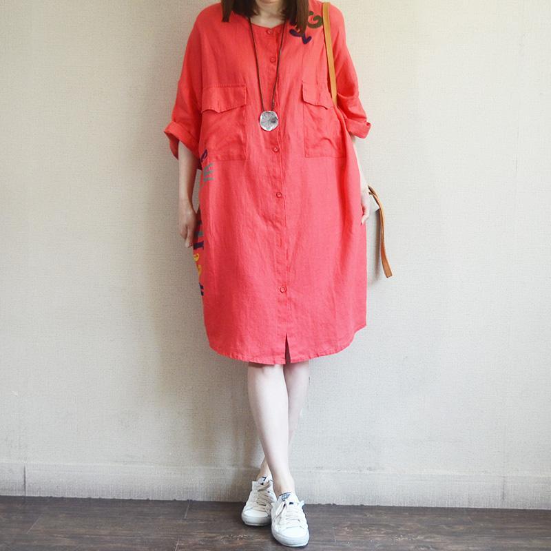 Casual Loose Letter Embroidery Midi Shirt Dress