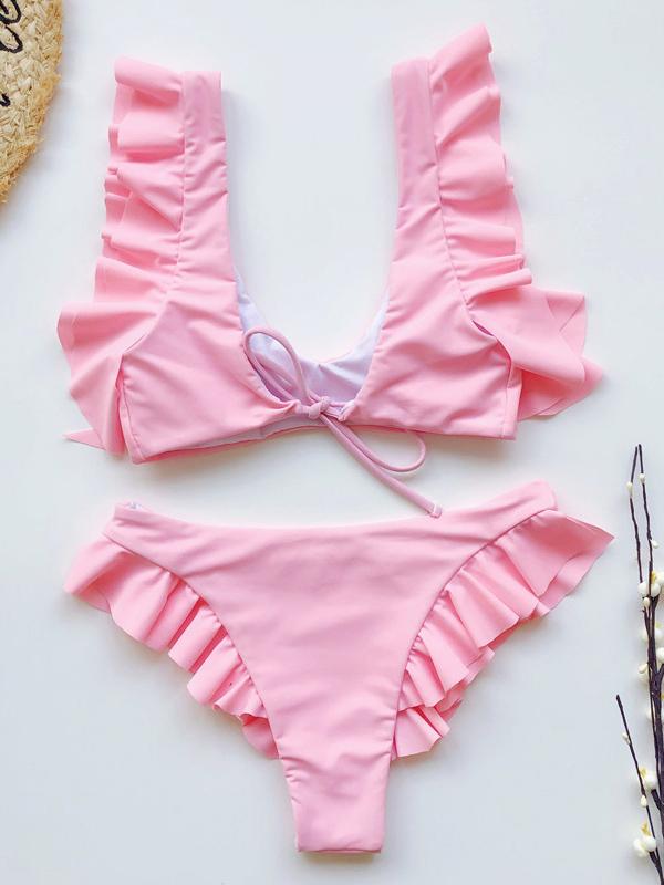 V-Neck Flounce Solid Color Split Bikini Swimsuit