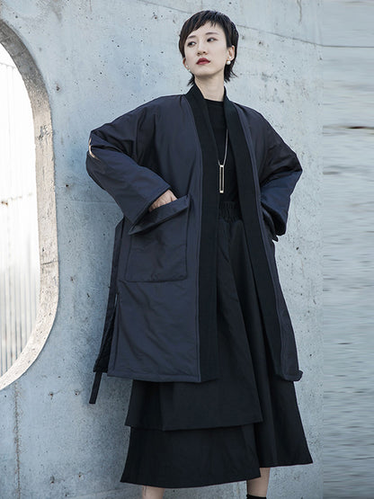 Fashion Solid Color Split-Side Long Sleeves Bandage  Cotton-Padded Coat