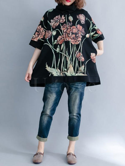 Casual Floral Printed High-neck Sweatshirt