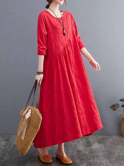 Casual Simple Solid Color Pleated Round-Neck Long Sleeves Midi Dress