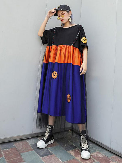 Loose Mesh Split-joint Short Sleeves Dress