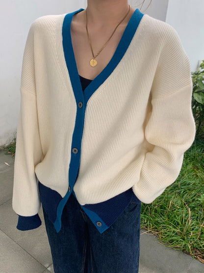 Causal Contrast Color Buttoned V-Neck Long Sleeves Cardigan Outwear
