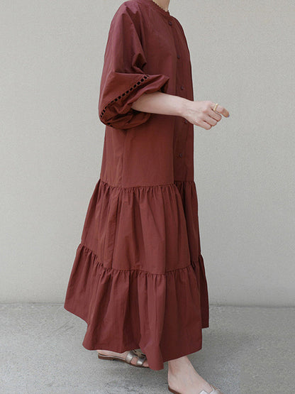 Casual Solid Color Pleated Buttoned Stand Collar Hollow Puff Sleeves Midi Dress