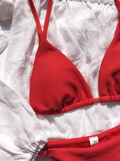 Solid Color Long Sleeves Three Piece Bikini Swimsuit