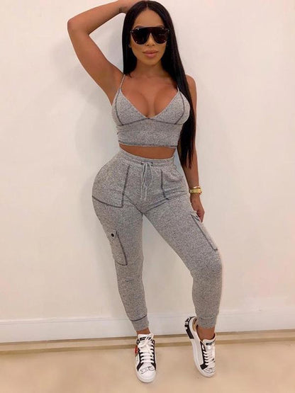 Solid Spaghetti-neck Tank&Pants Sports Suits