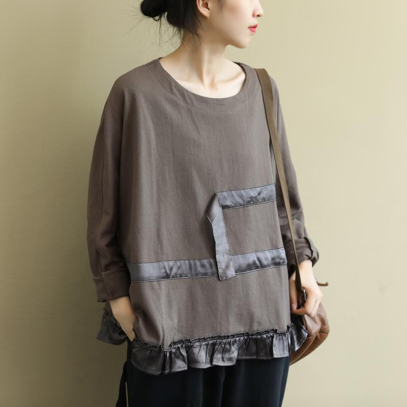 Buykud Ruffled Hem Applique Stripe Casual Loose Blouse