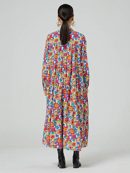 Stylish Floral Printed Stand Collar Buttoned Loose Long Sleeves Midi Dress