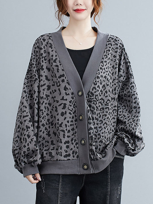 Original Leopard Buttoned V-Neck Long Sleeves Outwear