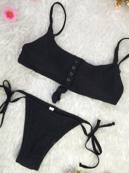 Button Top Knot Side Bottom Bikinis Swimwear