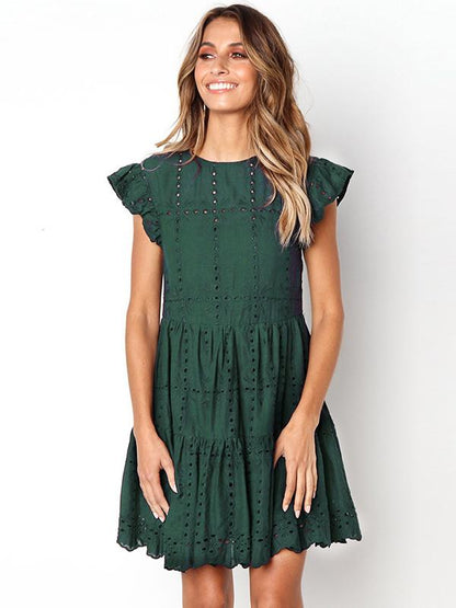 Solid Color Round Neck Hollow Mini Dress