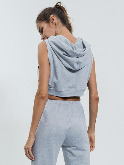 Solid Sleeveless Crop Hoodies & Jackets Tops