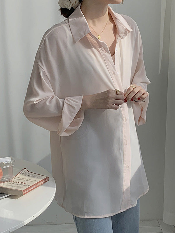Simple Buttoned Lapel Sun Protection Long Sleeves Blouse Tops