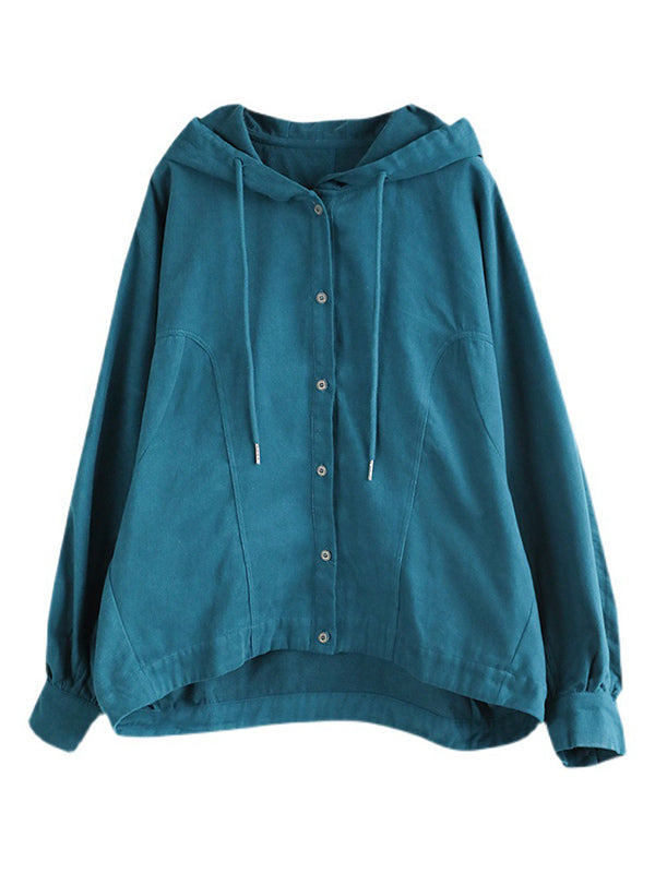 Casual Buttoned Drawstring Solid Color Batwing Sleeve Outerwear