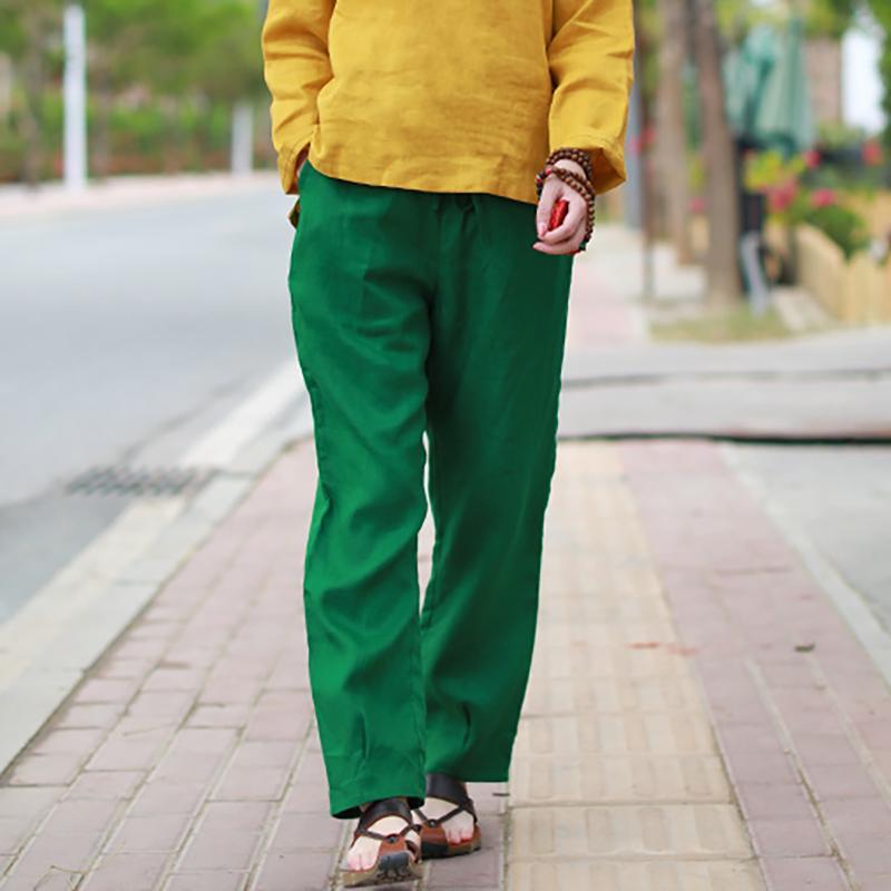 Elastic Waist Ramie Solid Plus Size Pants