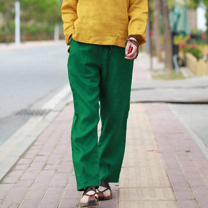 Elastic Waist Ramie Solid Plus Size Pants