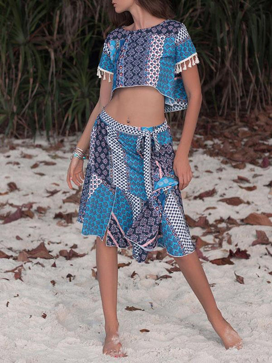 Tasseled Printed Cropped Bohemia Suits