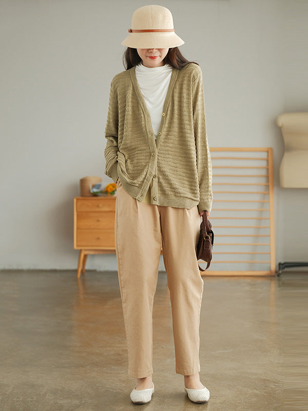 Casual Solid Color Buttoned V-Neck Long Sleeves Jacquard Knitted Cardigan