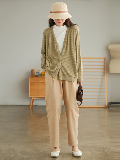 Casual Solid Color Buttoned V-Neck Long Sleeves Jacquard Knitted Cardigan