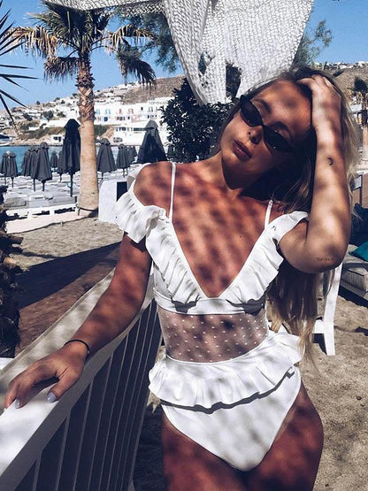 V-neck Falbala Gauze One-piece Swimwear