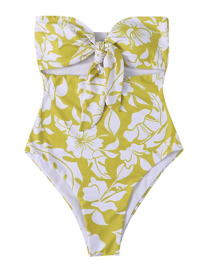Strapless Bowknot Floral Printed One-Piece Swimwear