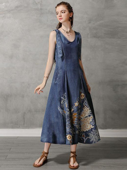 Original Retro Embroidered Hemline Denim Long Dress