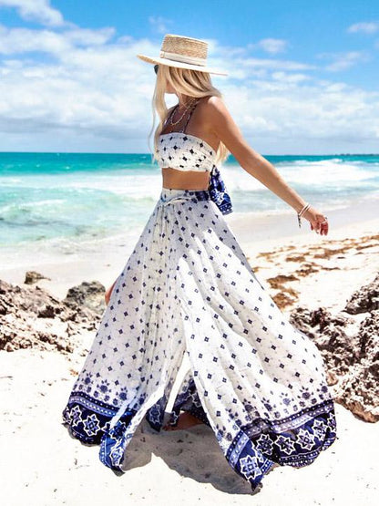 Printed Belt Split-side Skirt&Tube Top Suits