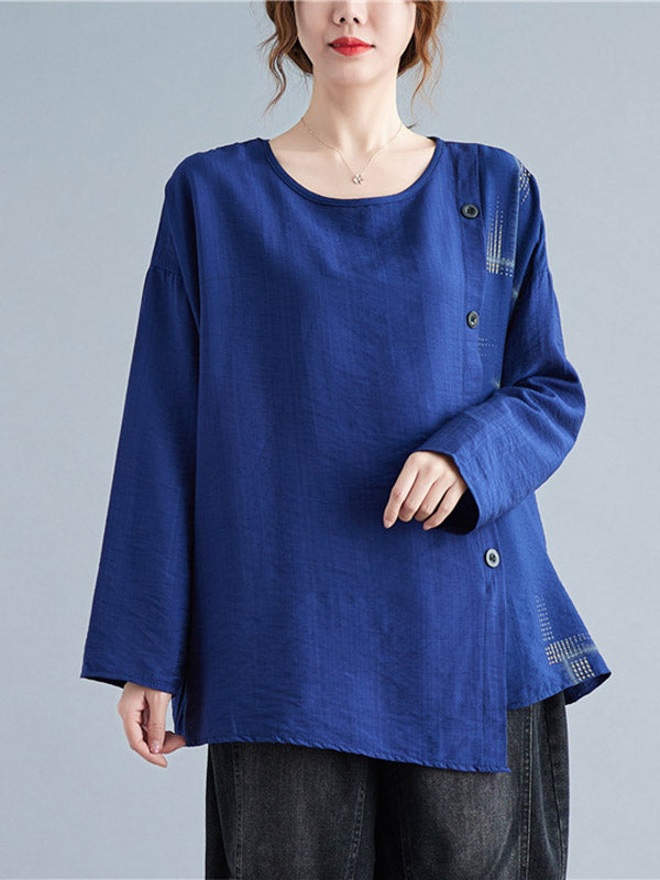 Casual Asymmetric Buttoned Round-Neck Long Sleeves T-Shirt Tops