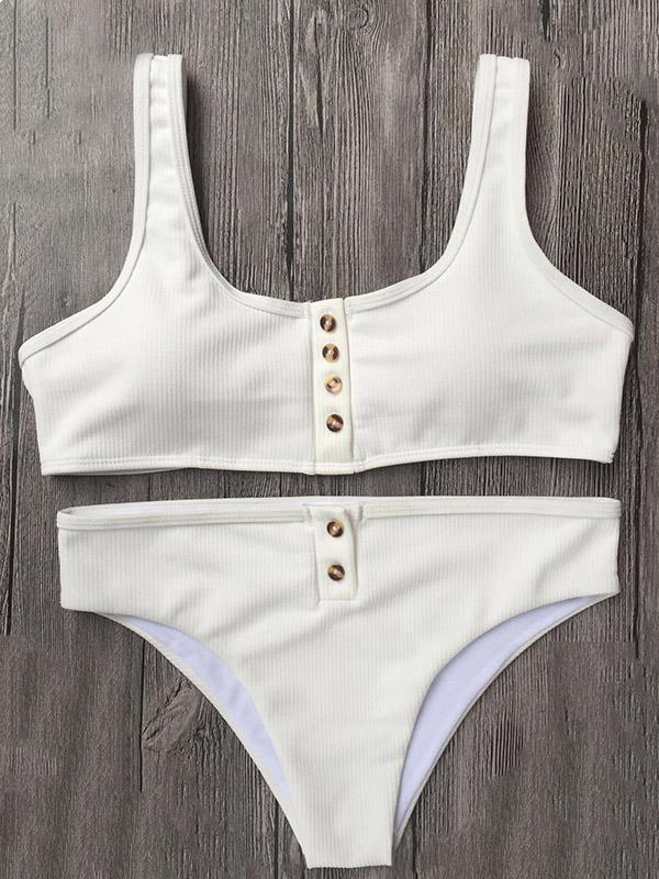 Button Solid Beach Bikinis Swimwear