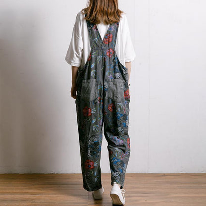 Birds And Flowers Printed Adjustable Strap Jumpsuit