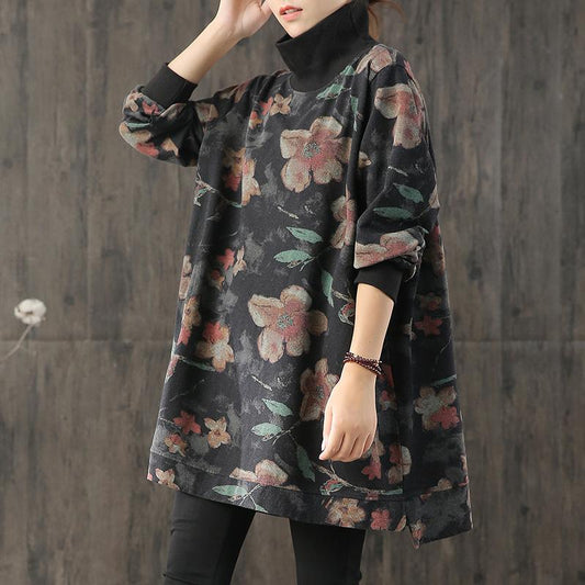 Buykud Casual Flower Print Turtleneck Pullover Sweatshirt