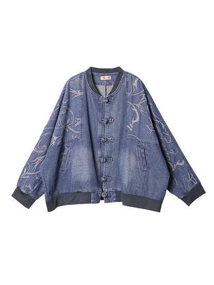 Vintage Buttoned Split-Joint Printed Long Sleeves Denim Jackets Outerwear