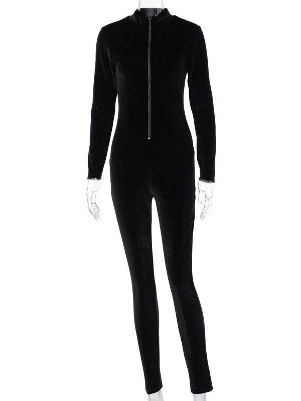 Sexy Solid Color Zipper Long Sleeves Sports Jumpsuits