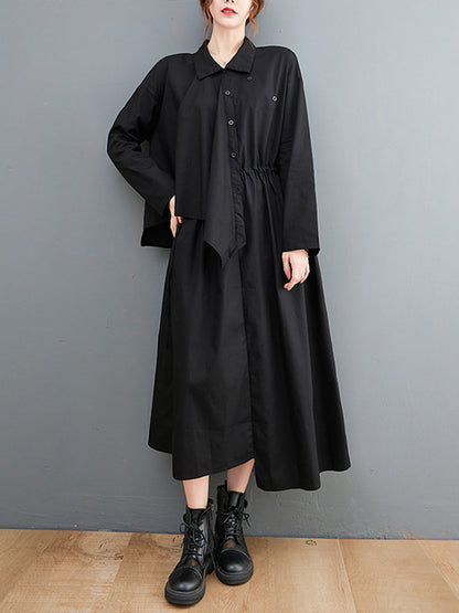 Artistic Retro Irregular Split-Joint Plaid Pleated Buttoned Elasticity Waist Lapel Collar Long Sleeves Midi Shirt Dress
