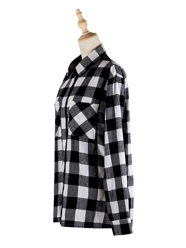 Causal Lapel Buttoned Plaid Long Sleeves Blouses