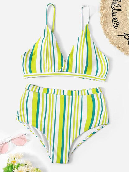 Striped High Waisted Bikinis Swimwear