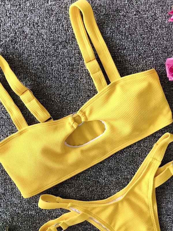 Solid Color Hollow Bandage Split Bikini Swimsuit