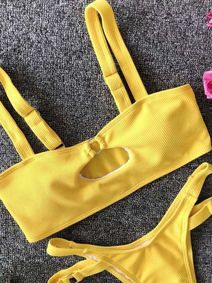 Solid Color Hollow Bandage Split Bikini Swimsuit