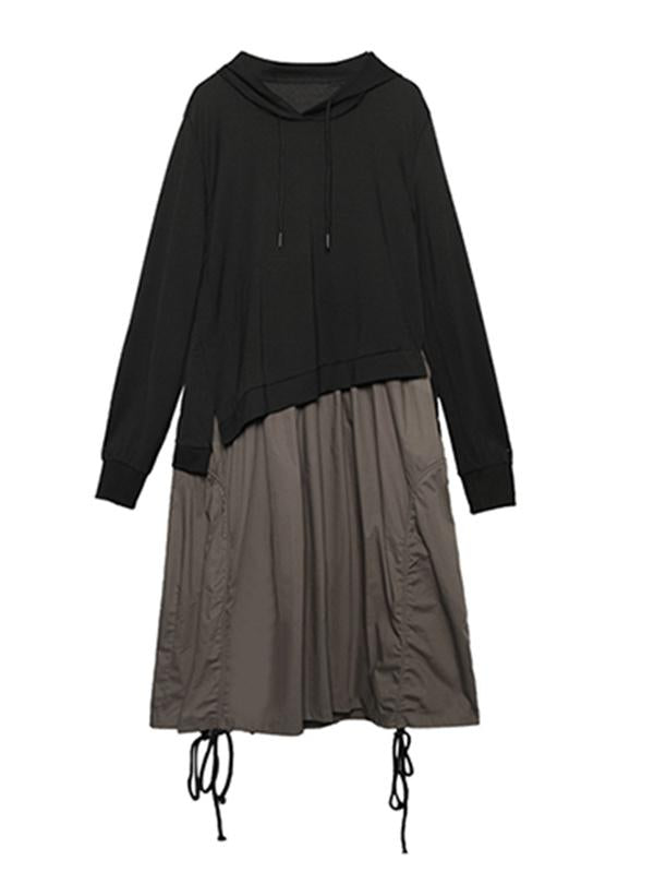 Retro False Two Split-joint Drawstring Sweatshirt Dress
